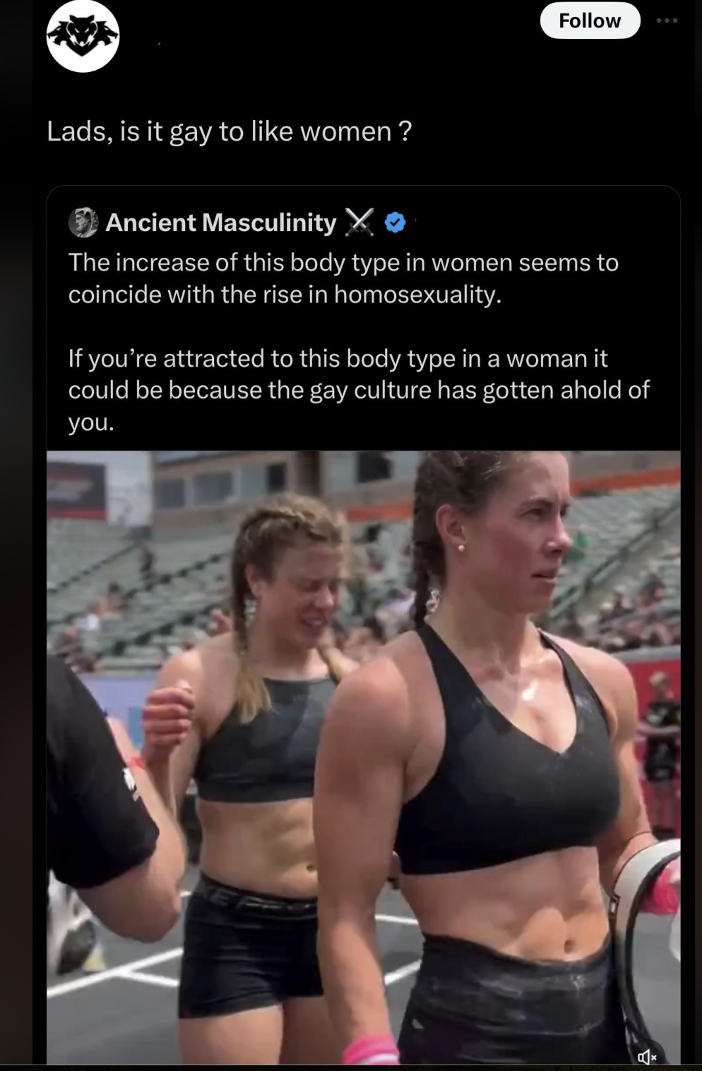 Woman - Lads, is it gay to women? Ancient Masculinity X The increase of this body type in women seems to coincide with the rise in homosexuality. If you're attracted to this body type in a woman it could be because the gay culture has gotten ahold of you.
